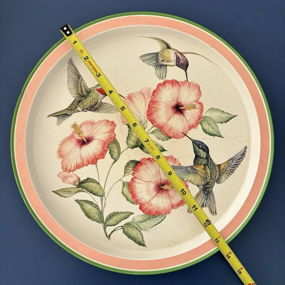 Vintage Potpourri Design Hummingbirds Hibiscus Round Metal Tray 1993 Cottagecore